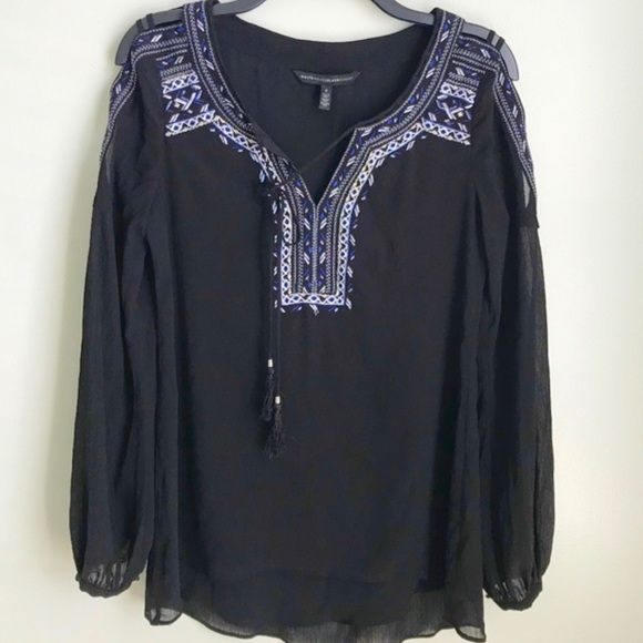 White House Black Market Tops - 87.White House Black Market - Black Embroidered Cold Shoulder Long Sleeve Blouse